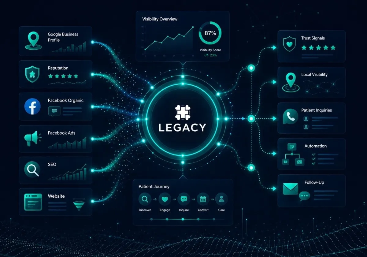 Legacy Home Health connected digital growth system, spanning Google Business Profile, reputation, Facebook, SEO, website, automation, and the patient journey