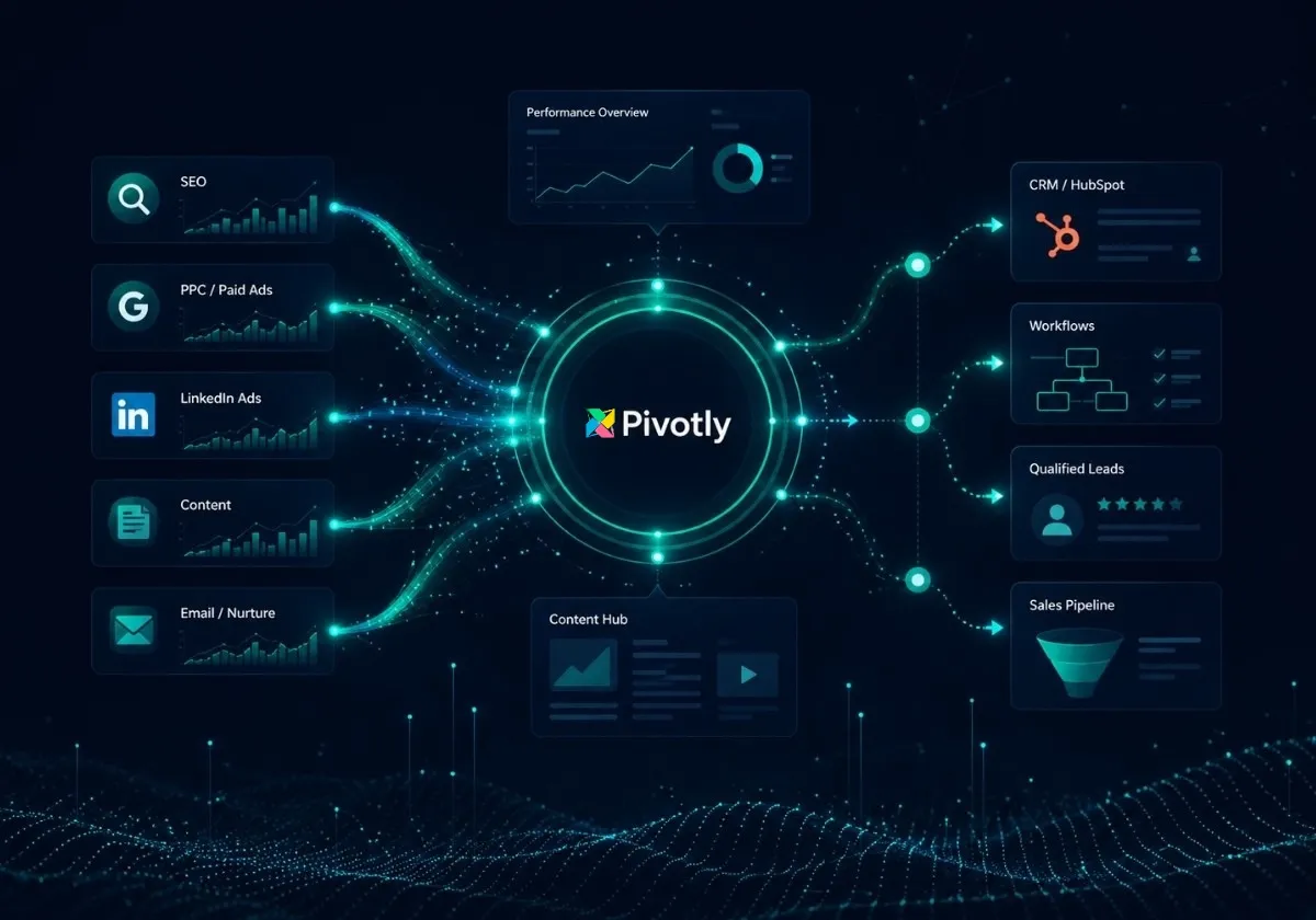 Pivotly full-funnel demand generation system: SEO, PPC, LinkedIn Ads, Content, and Email feeding HubSpot CRM, workflows, qualified leads, and sales pipeline